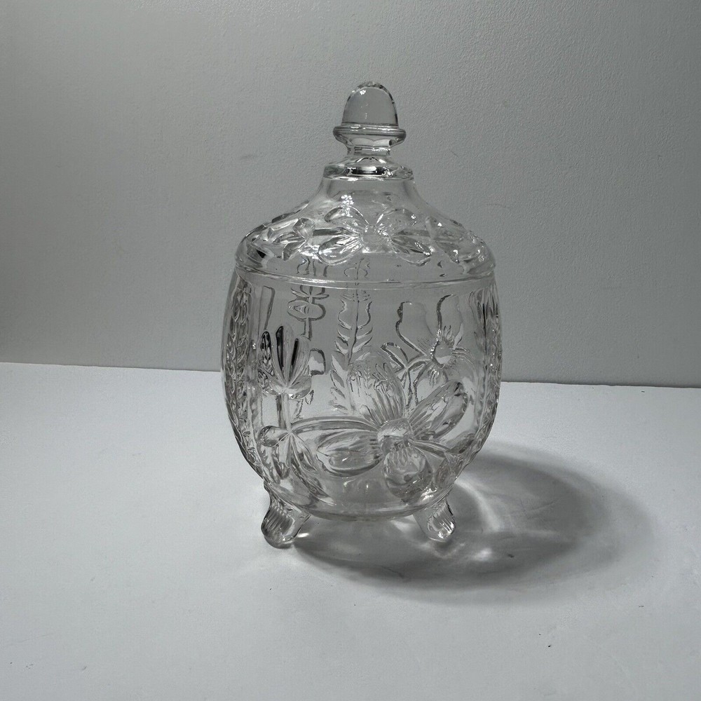 Vintage Pressed Glass Crystal Candy Dish with Lid Beautiful Unique Flower Design